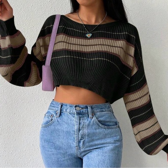 SHEIN Black Cropped Striped Knit Sweater with Beige and Brown Accents - Picture 3 of 4